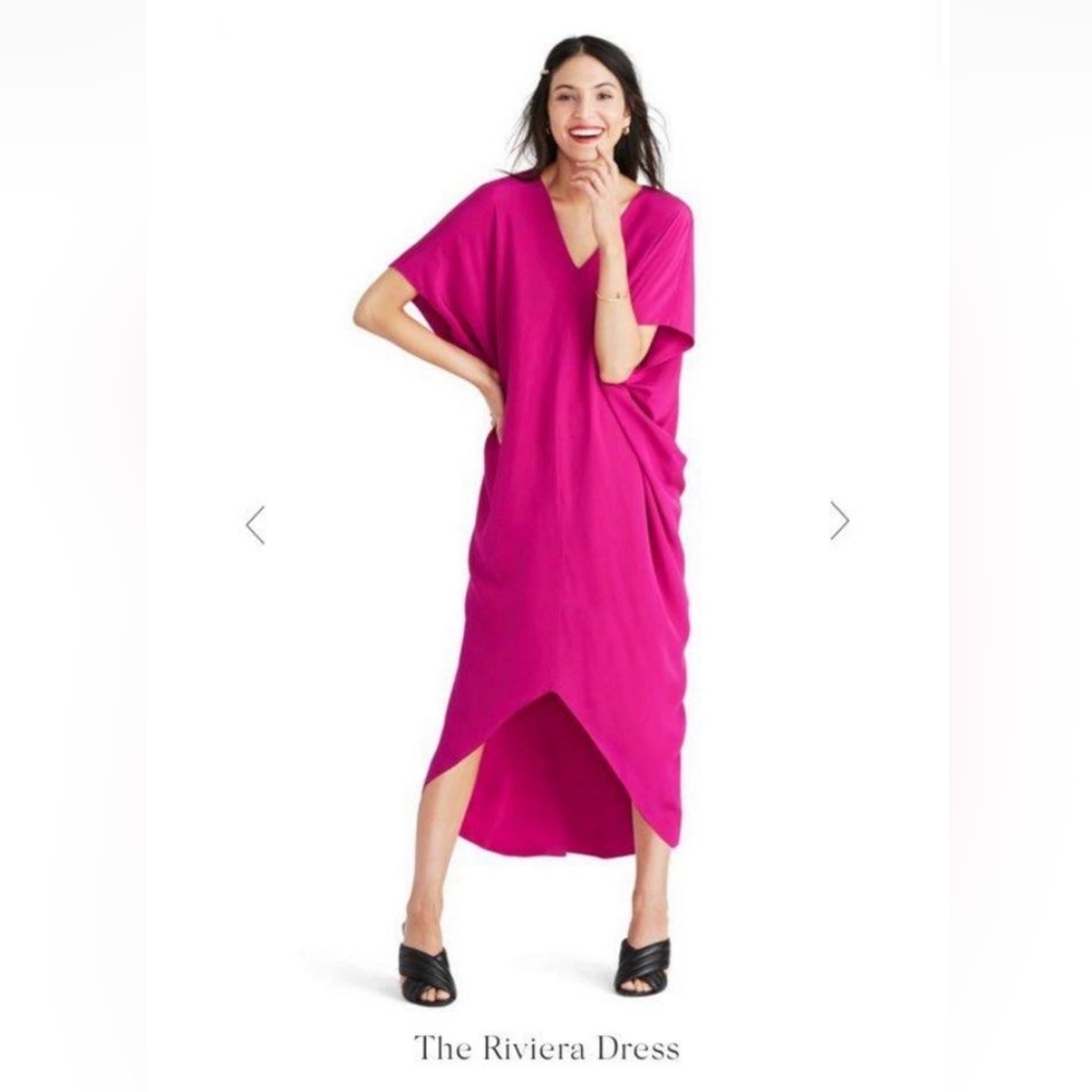 HATCH The Riviera Dress Fuchsia Pink Silk Midi V-neck Maternity Dress- OS/Petite